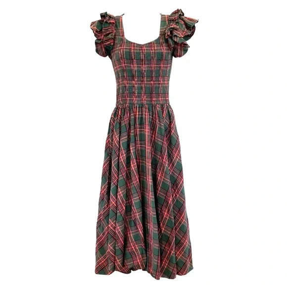 Ivy City Co Hattie Dress XS Green Red Plaid Smocked Midi Cottagecore Holiday - Picture 1 of 10